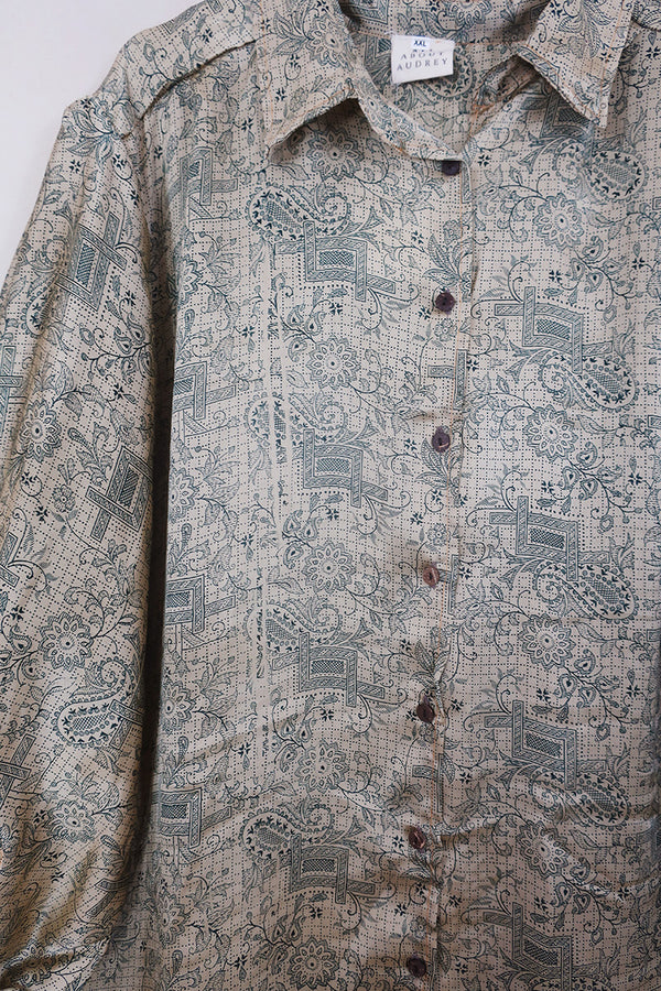 Bonnie Shirt Dress - Pearl & Pine Wildflower Illustrations - Vintage Indian Sari - Size XXL