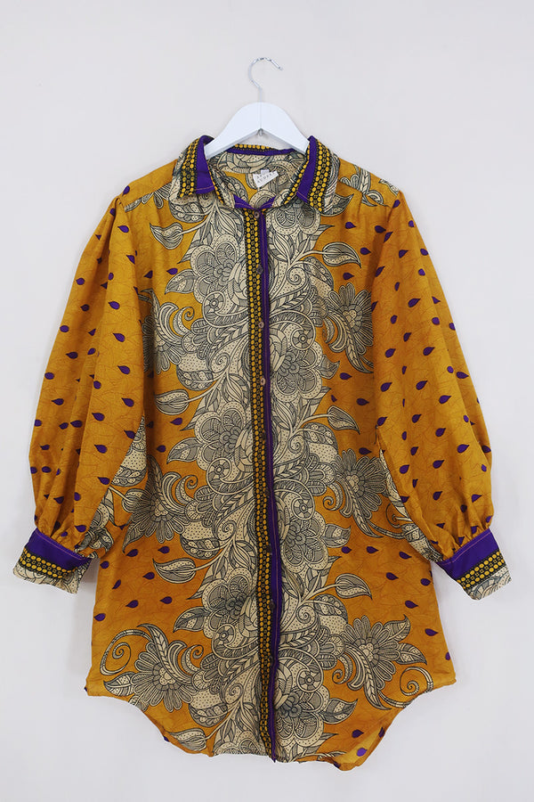 Bonnie Shirt Dress - Yellow Ochre & Plum Plants - Vintage Indian Sari - Size L/XL By All About Audrey