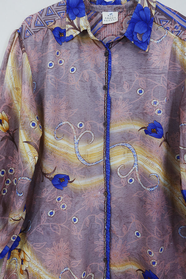 Bonnie Shirt Dress - Muted Mauve & Sunbeam Blossom - Vintage Indian Sari - Size XXL By All About Audrey