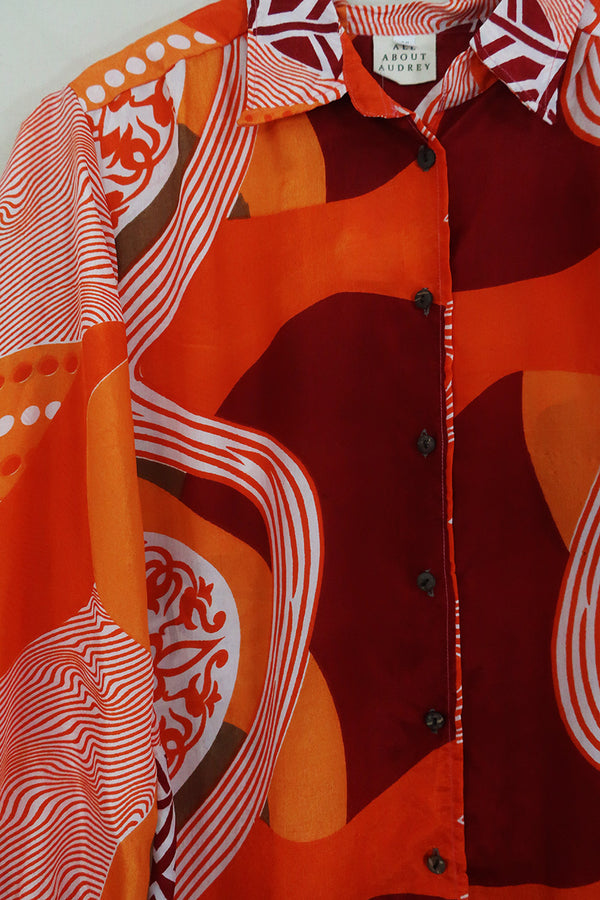 Bonnie Shirt Dress - Groovy Citrus Waves - Vintage Indian Sari - Size L/XL By All About Audrey