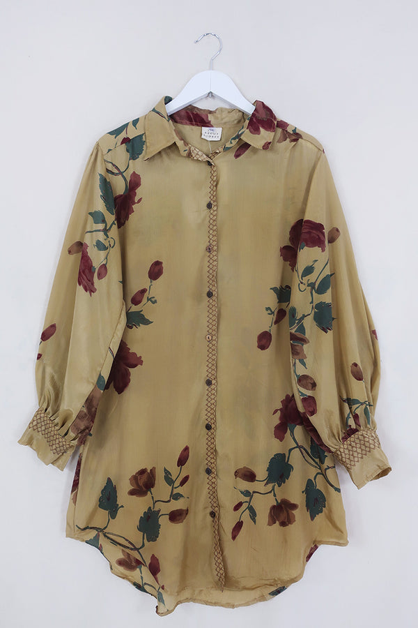 Bonnie Shirt Dress - Buff Beige Painted Flowers - Vintage Indian Sari - Size L/XL By All About Audrey