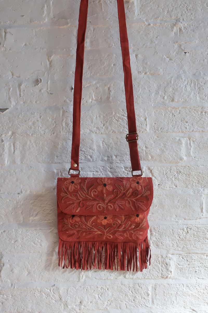 Zelda Embroidered Suede Saddle Bag in Garnet & Firewood Flowers