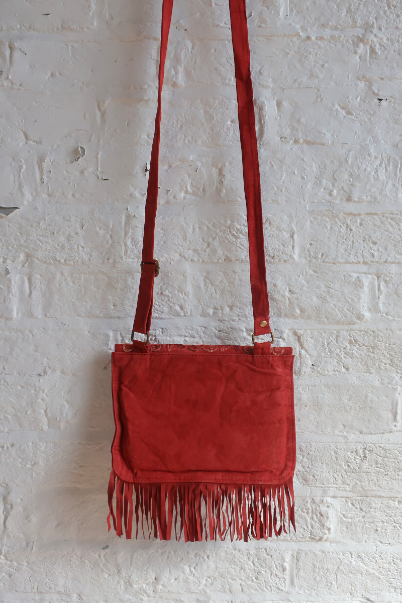 Zelda Embroidered Suede Saddle Bag in Garnet & Firewood Flowers
