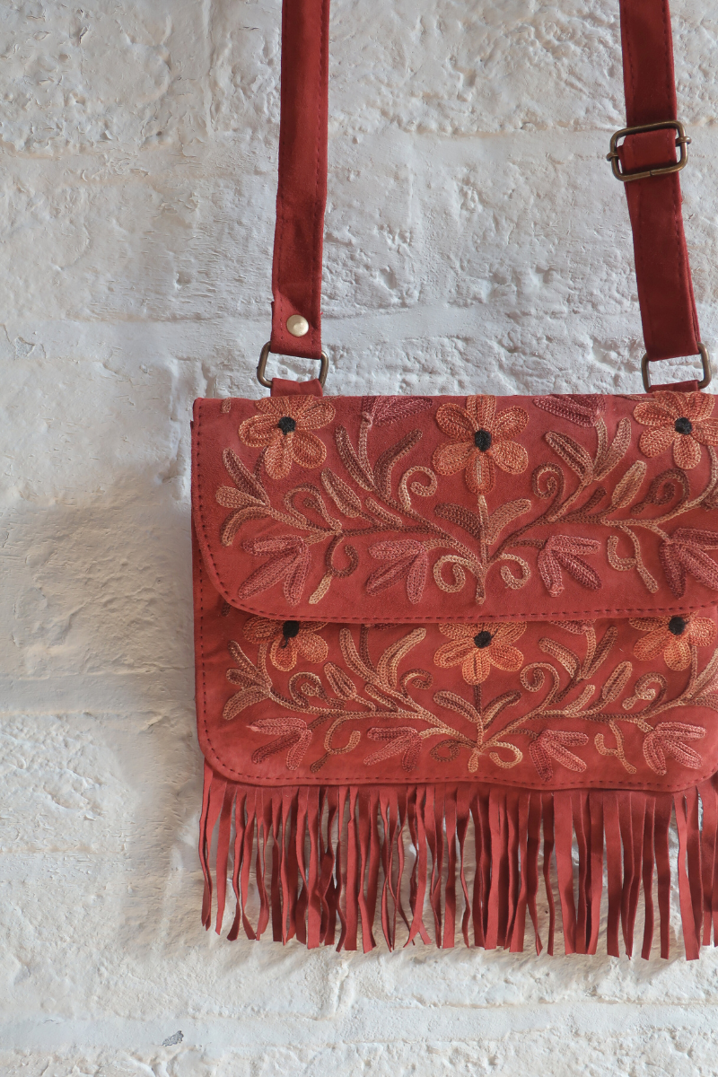 Zelda Embroidered Suede Saddle Bag in Garnet & Firewood Flowers