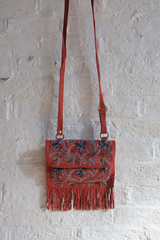 Zelda Embroidered Suede Saddle Bag in Garnet & Azure Flowers