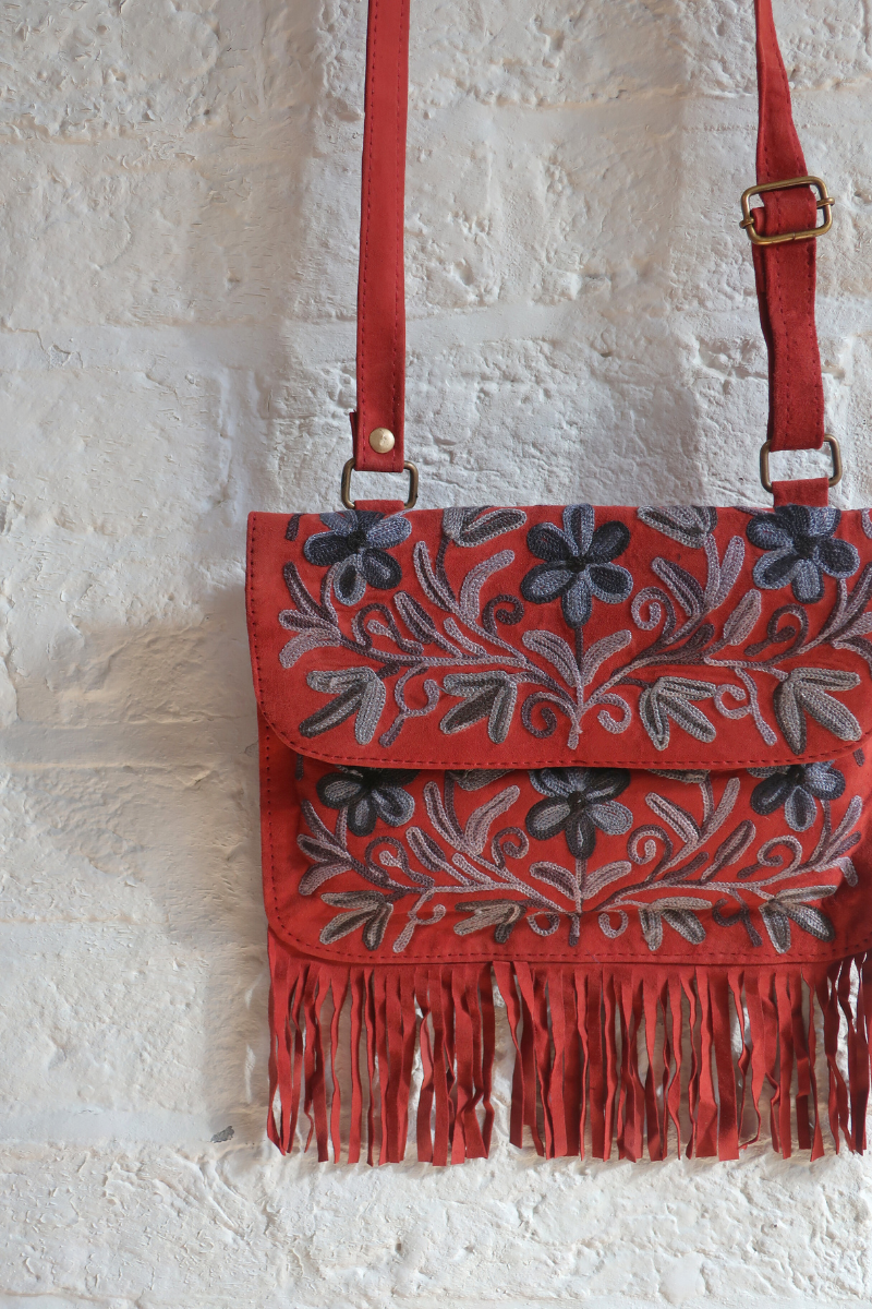 Zelda Embroidered Suede Saddle Bag in Garnet & Azure Flowers