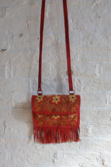 Zelda Embroidered Suede Saddle Bag in Garnet & Canary Flowers