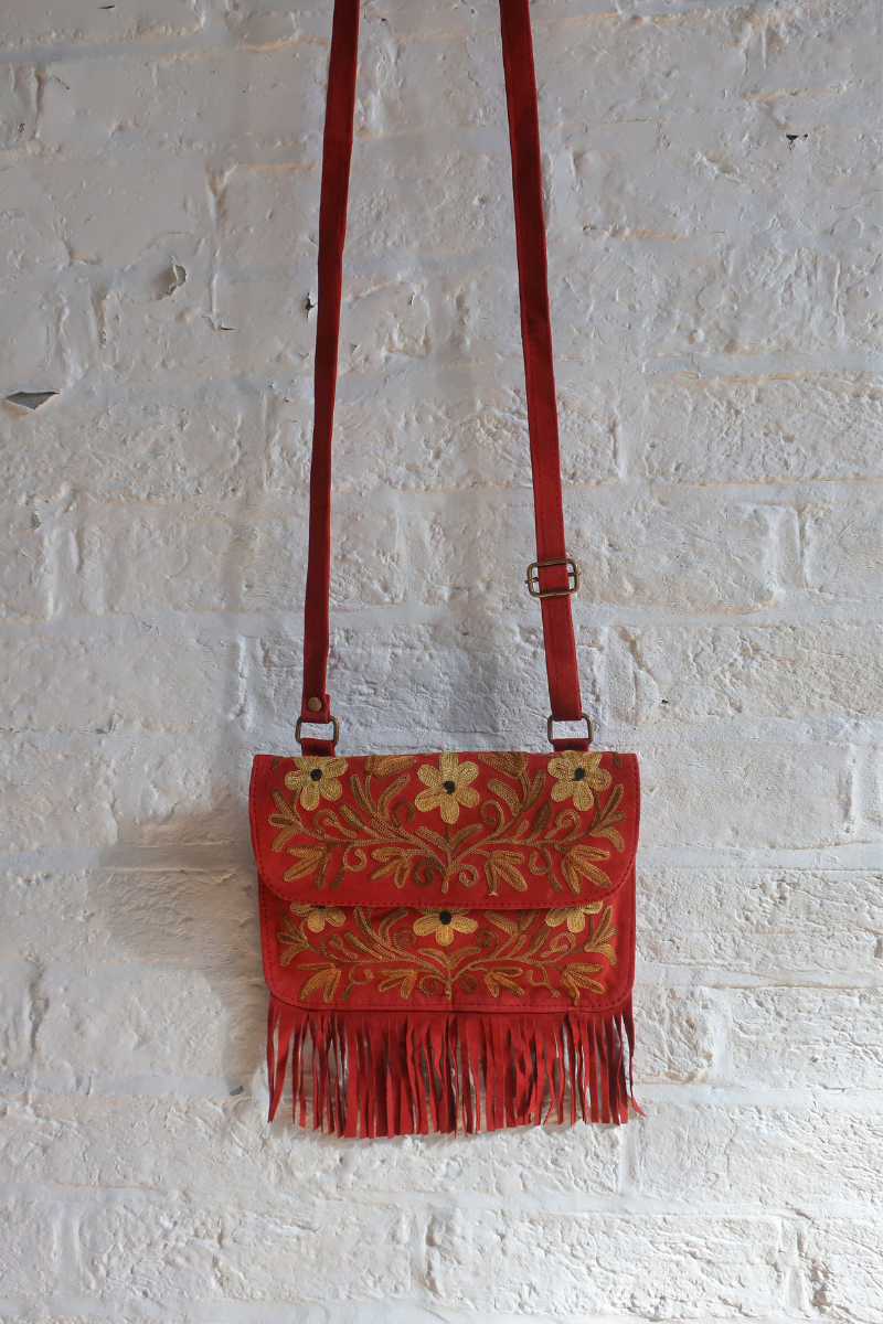 Zelda Embroidered Suede Saddle Bag in Garnet & Canary Flowers