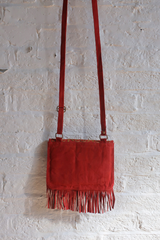 Zelda Embroidered Suede Saddle Bag in Garnet & Canary Flowers