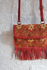 Zelda Embroidered Suede Saddle Bag in Garnet & Canary Flowers
