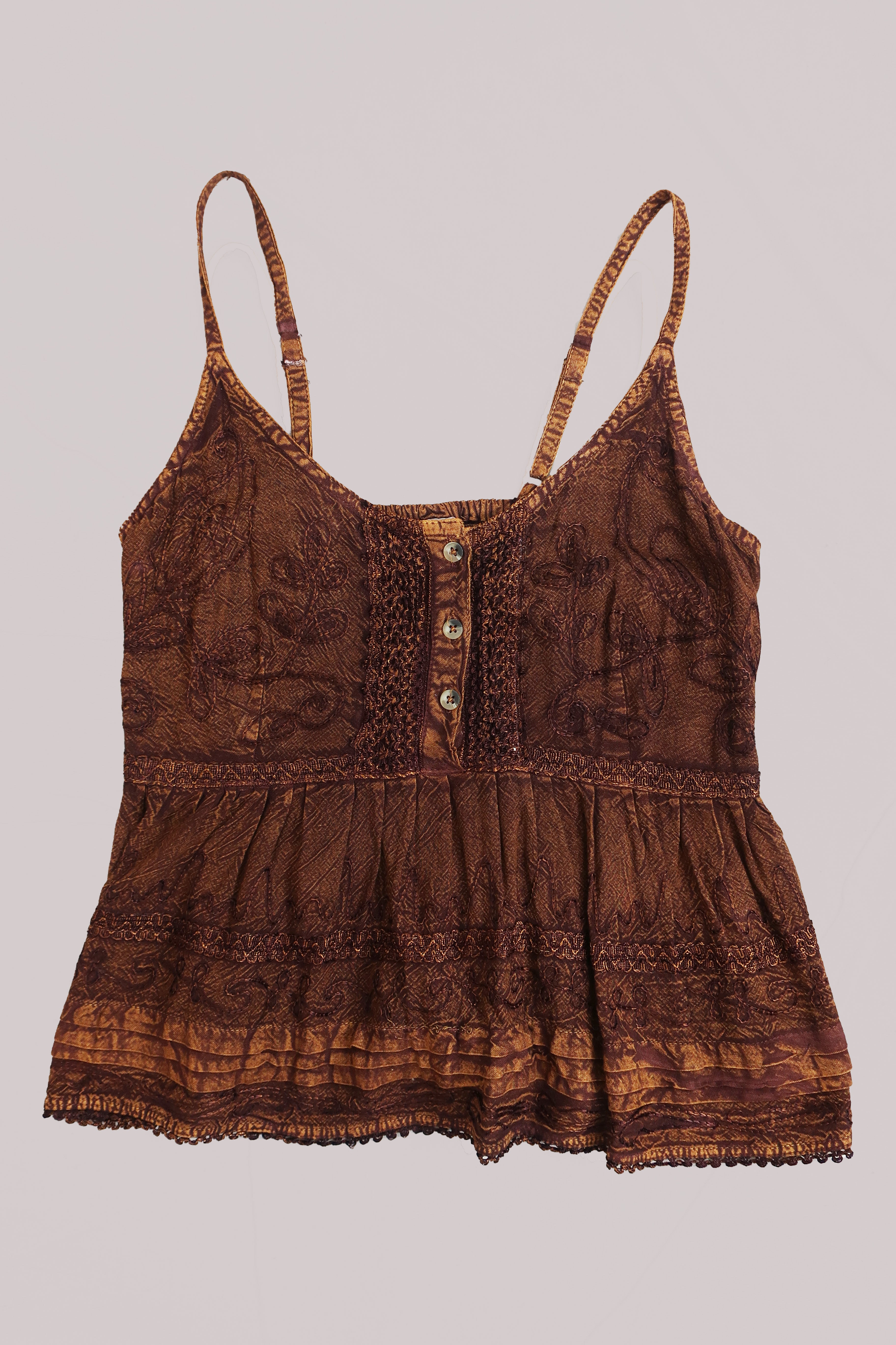 Embroidered Peplum Cami Top in Hazelnut Brown - Free Size