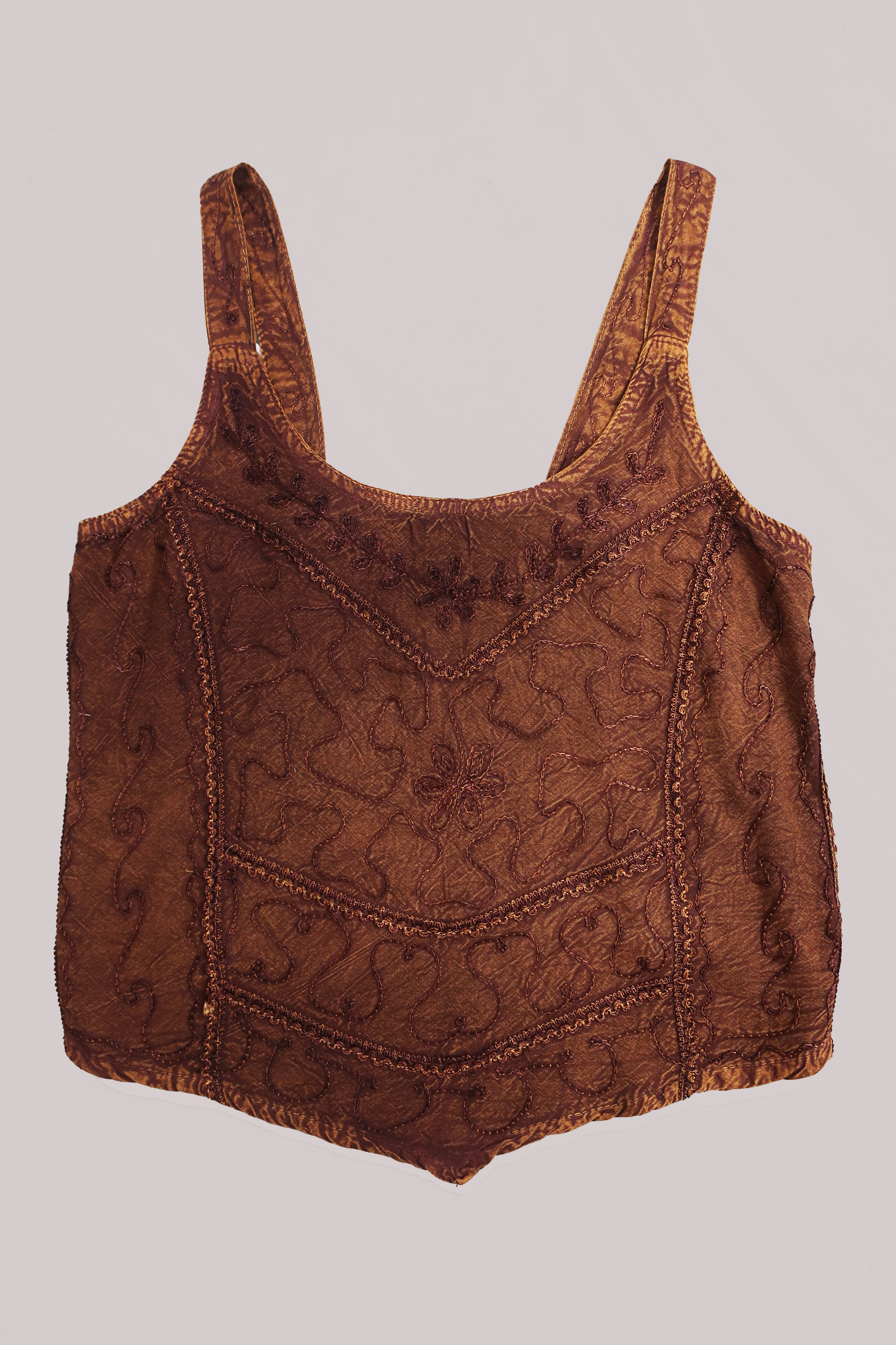 Embroidered Handkerchief Top in Chestnut Brown - Free Size