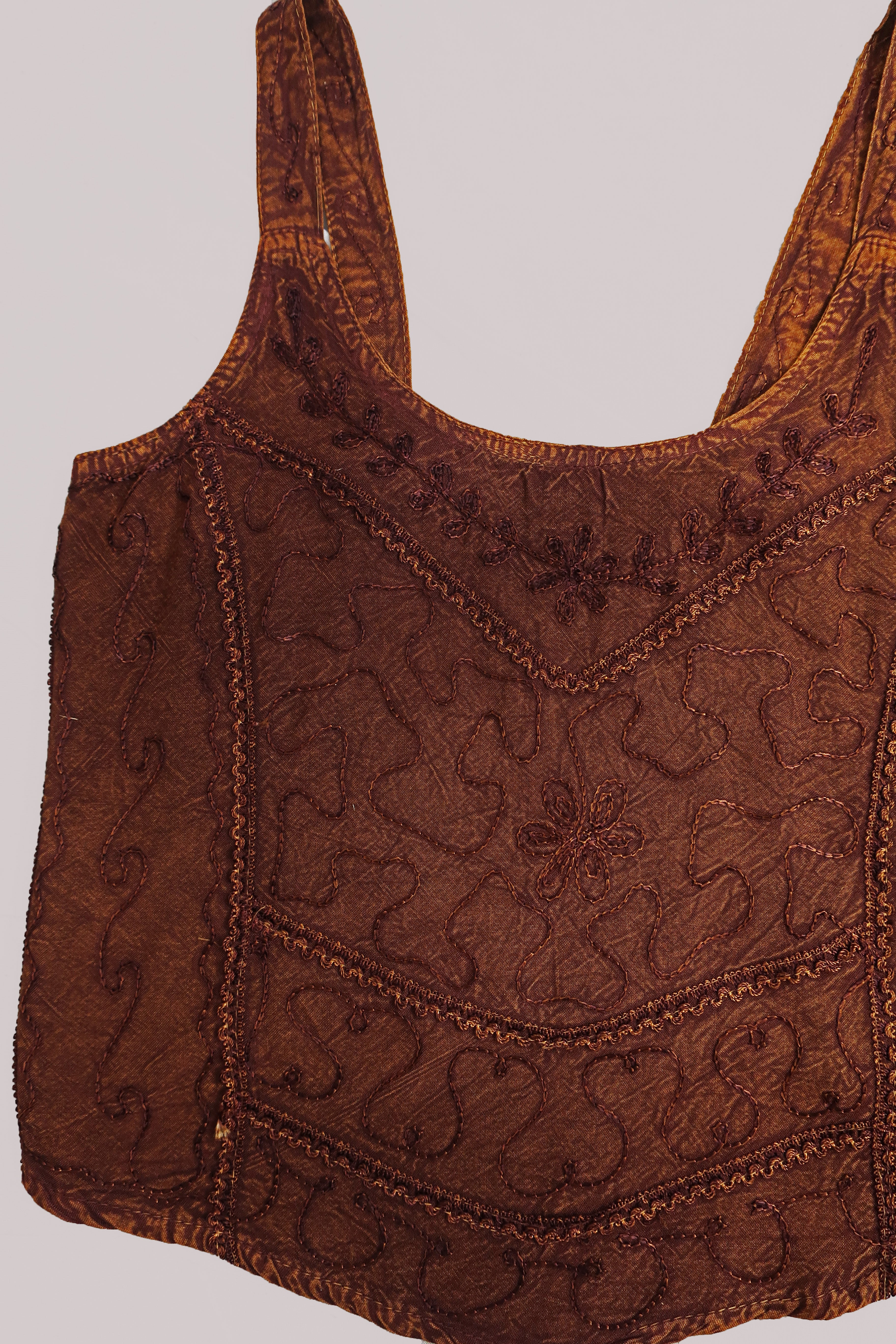 Embroidered Handkerchief Top in Chestnut Brown - Free Size