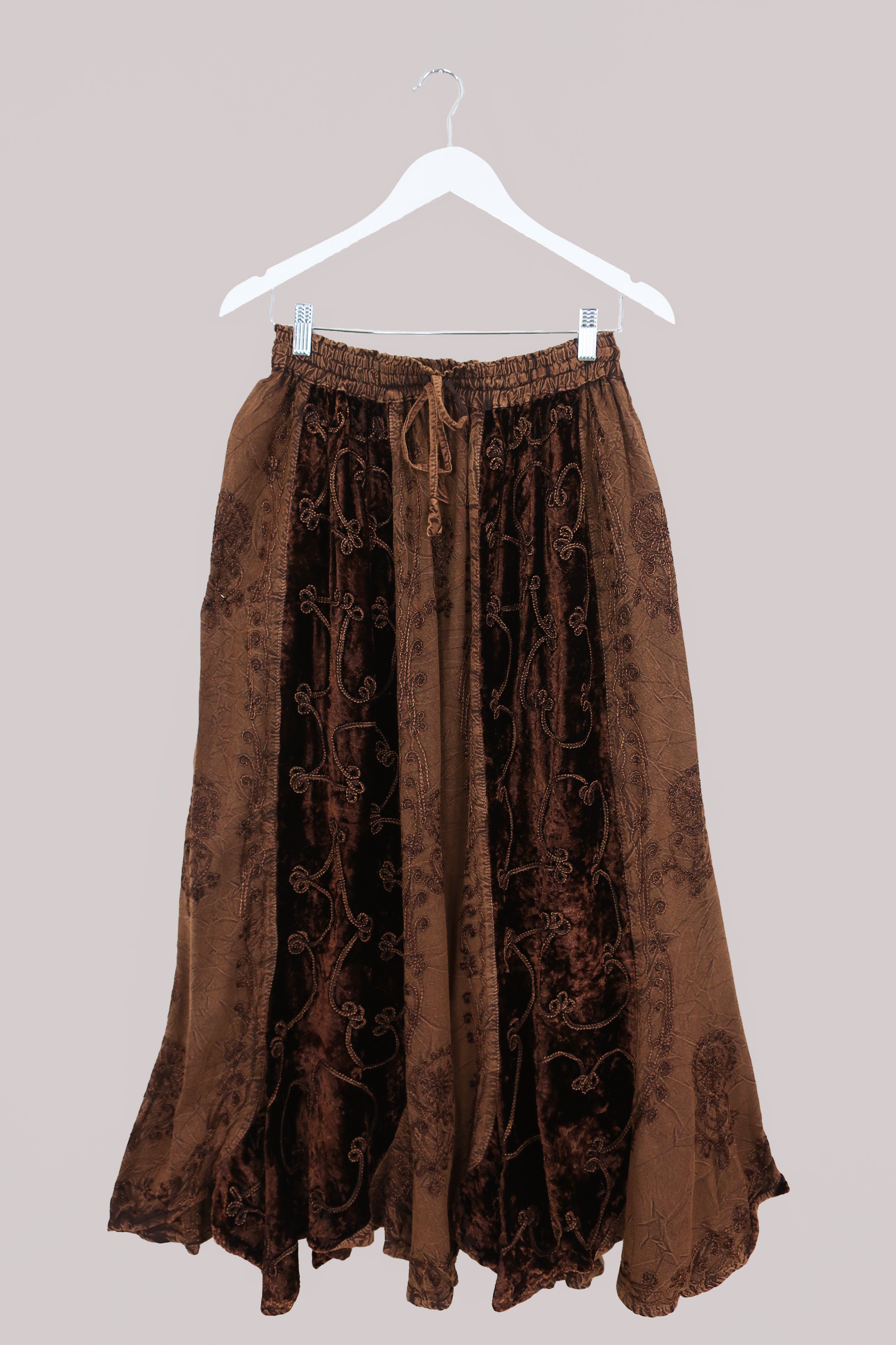 Embroidered Velvet Handkerchief Midi Skirt in Hazelnut Brown