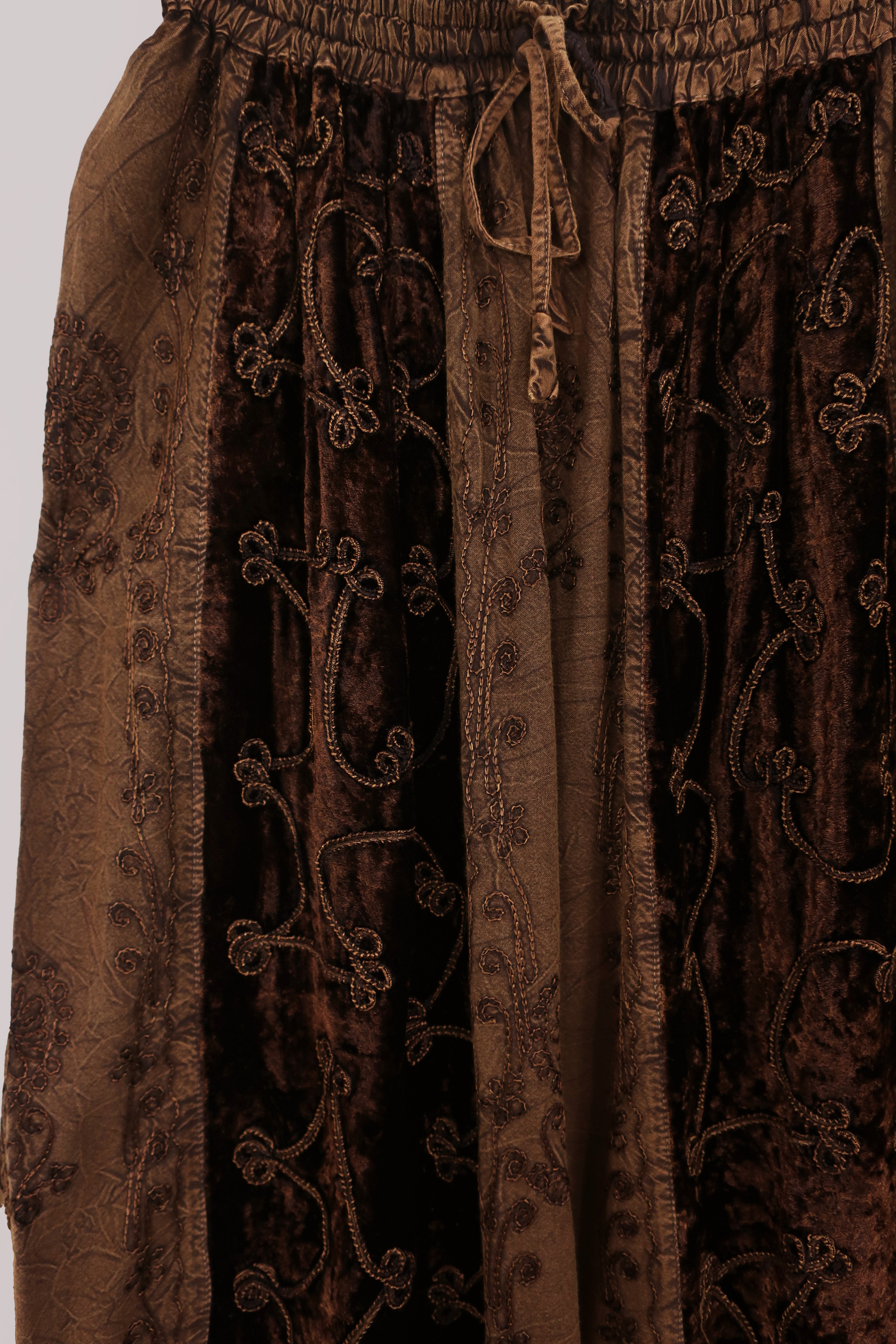 Embroidered Velvet Handkerchief Midi Skirt in Hazelnut Brown