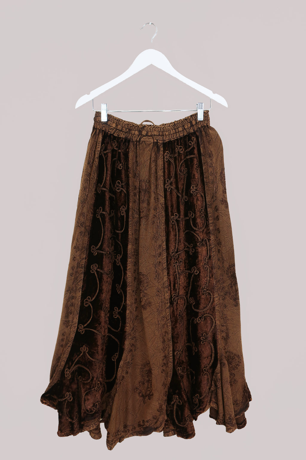 Embroidered Velvet Handkerchief Midi Skirt in Hazelnut Brown