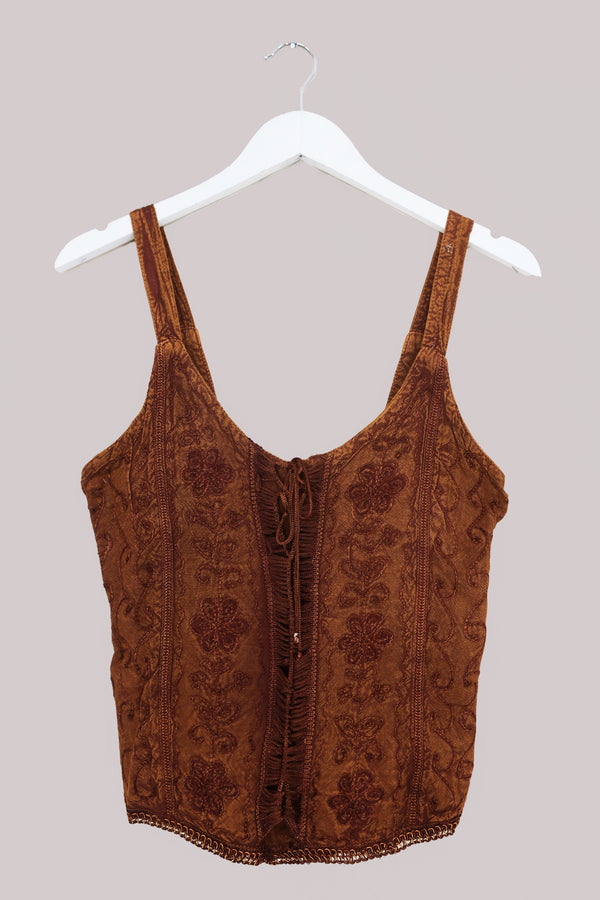 Embroidered Corset Top in Chestnut Brown - Free Size