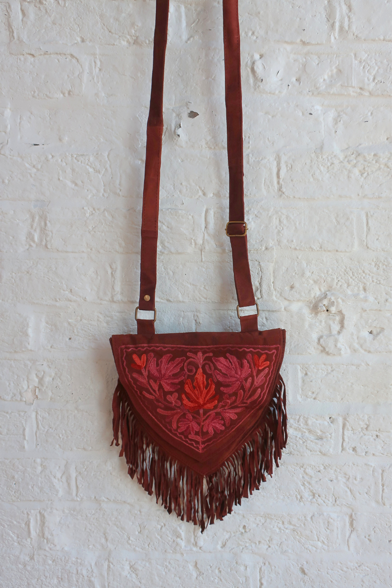 Zelda Embroidered Suede Saddle Bag in Cocoa & Boysenberry Maple Leaves