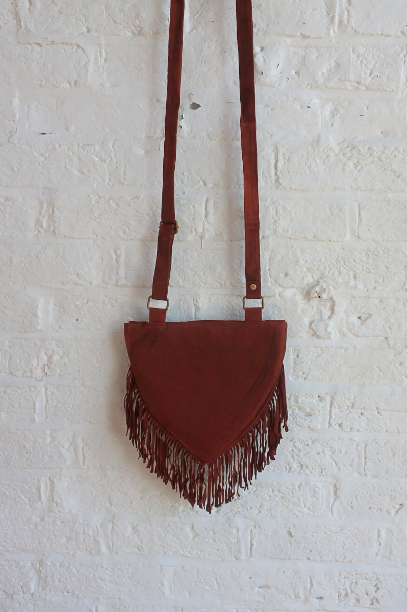 Zelda Embroidered Suede Saddle Bag in Cocoa & Boysenberry Maple Leaves