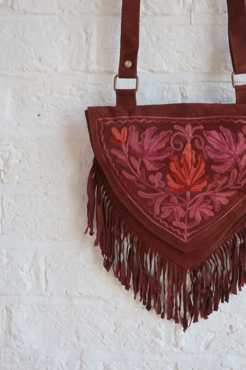 Zelda Embroidered Suede Saddle Bag in Cocoa & Boysenberry Maple Leaves