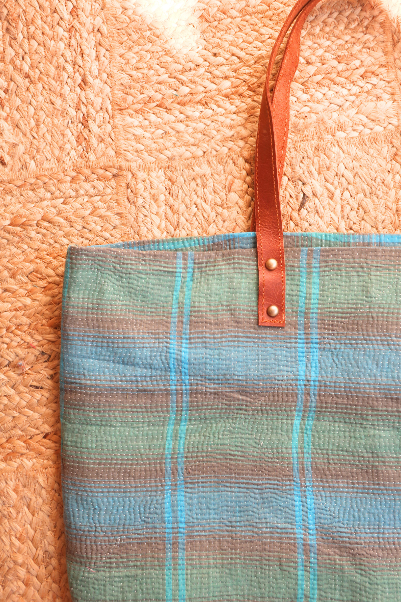 Vintage Kantha Large Shopper Bag in Brown Turquoise Plaid by All About Audrey