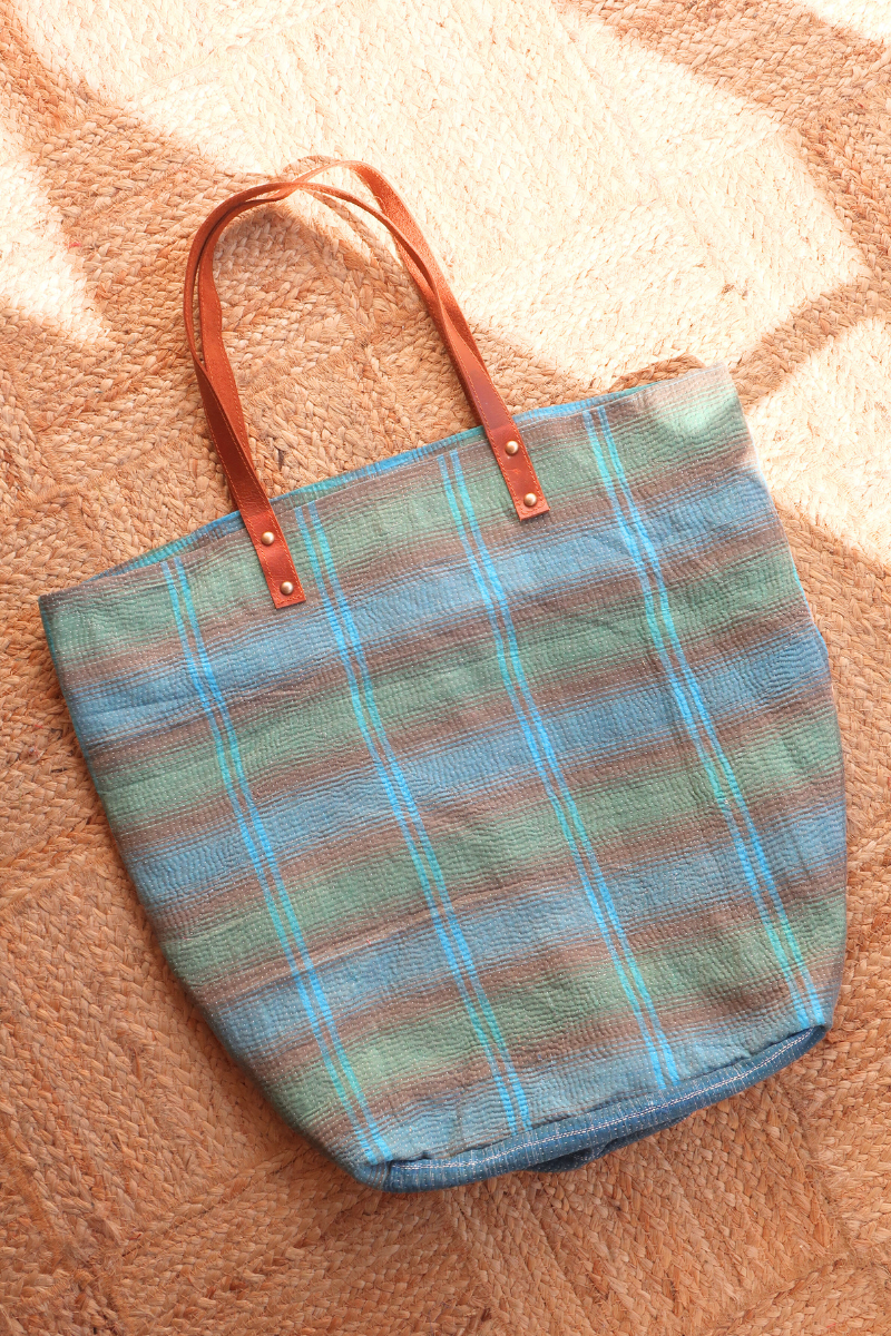 Vintage Kantha Large Shopper Bag in Brown Turquoise Plaid by All About Audrey