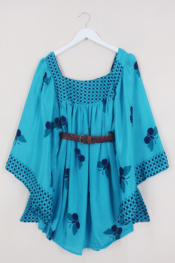 Honey Mini Dress - Clear Blue Sky of Butterflies - Vintage Indian Sari - Free Size