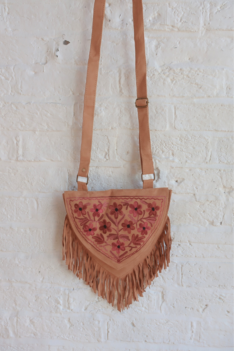 Zelda Embroidered Suede Saddle Bag in Camel & Mauve Daisies