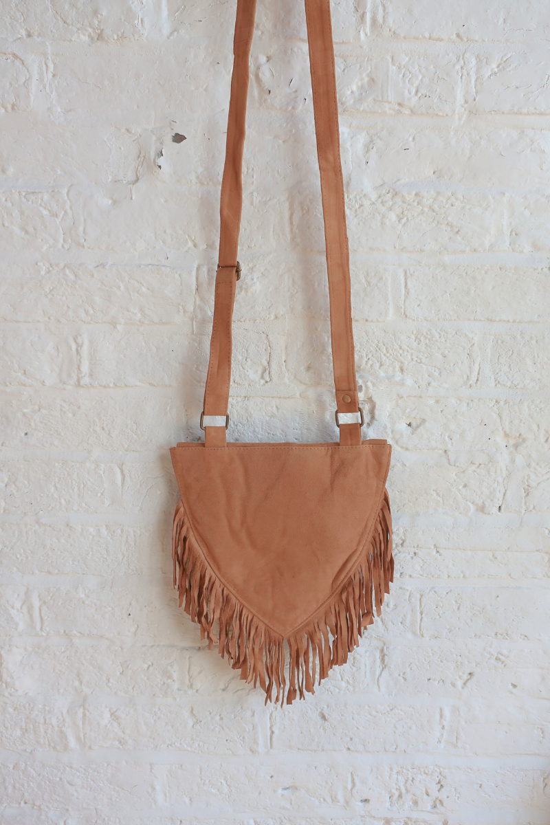 Zelda Embroidered Suede Saddle Bag in Camel & Mauve Daisies