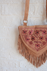 Zelda Embroidered Suede Saddle Bag in Camel & Mauve Daisies
