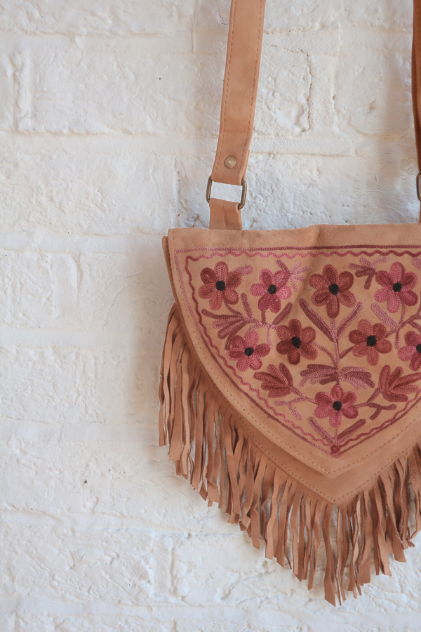 Zelda Embroidered Suede Saddle Bag in Camel & Mauve Daisies