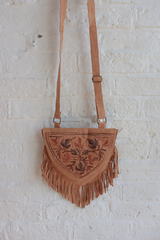 Zelda Embroidered Suede Saddle Bag in Camel & Sandalwood Ivy