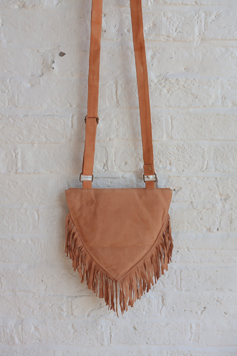 Zelda Embroidered Suede Saddle Bag in Camel & Sandalwood Ivy