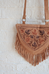 Zelda Embroidered Suede Saddle Bag in Camel & Sandalwood Ivy