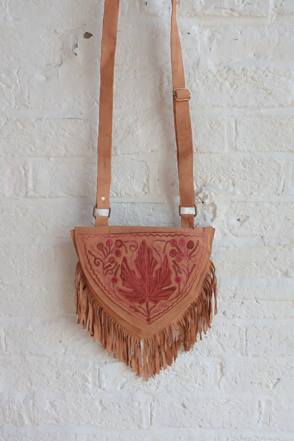 Zelda Embroidered Suede Saddle Bag in Camel & Merlot Autumn Leaf