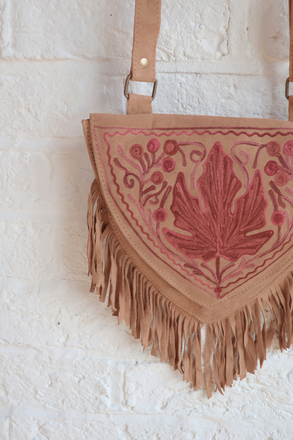 Zelda Embroidered Suede Saddle Bag in Camel & Merlot Autumn Leaf
