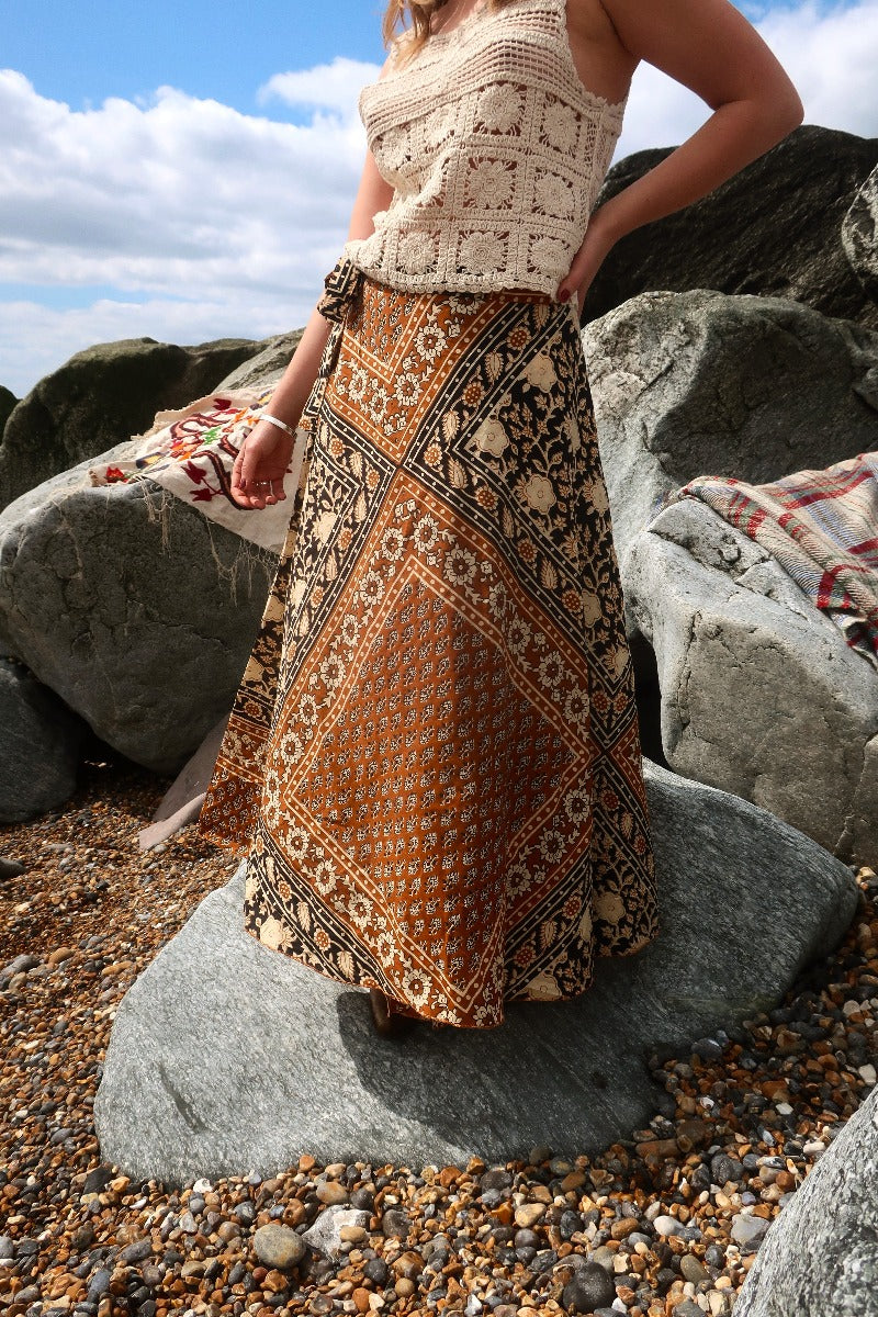 Emmylou Patchwork Wrap Skirt in Camel Brown & Black By All About Audrey