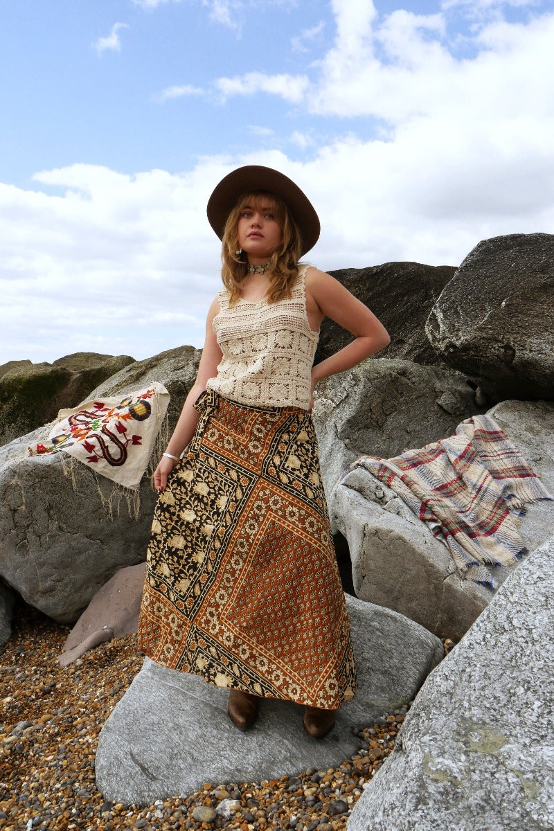 Emmylou Patchwork Wrap Skirt in Camel Brown & Black | All About