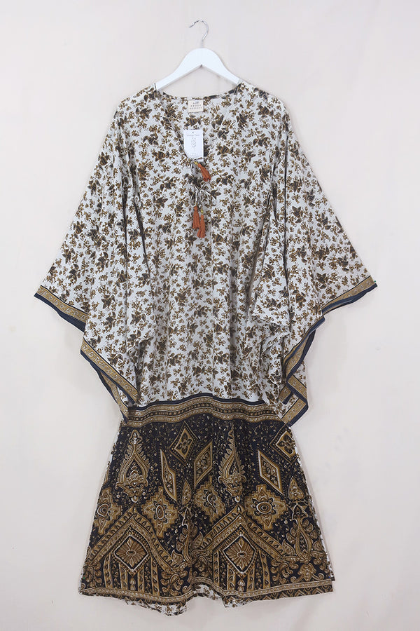 Cassandra Maxi Kaftan - Snow & Obsidian Floral - Vintage Sari - Size S/M by All About Audrey