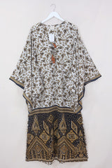 Cassandra Maxi Kaftan - Snow & Obsidian Floral - Vintage Sari - Size S/M by All About Audrey