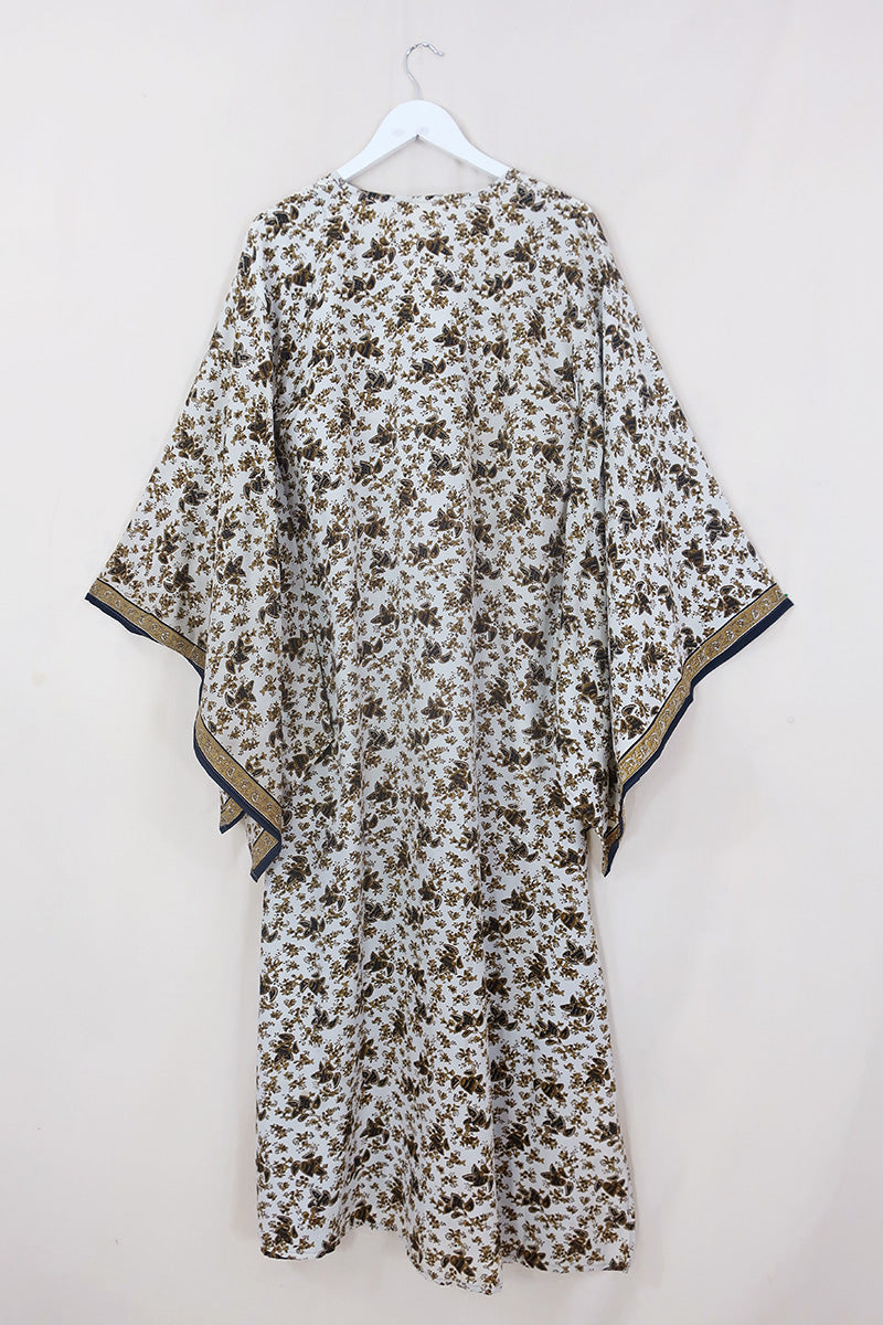 Cassandra Maxi Kaftan - Snow & Obsidian Floral - Vintage Sari - Size S/M by All About Audrey