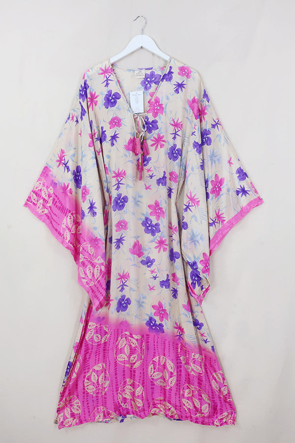 Cassandra Maxi Kaftan - Fuchsia & Violet Floral - Vintage Sari - Size S/M by All About Audrey