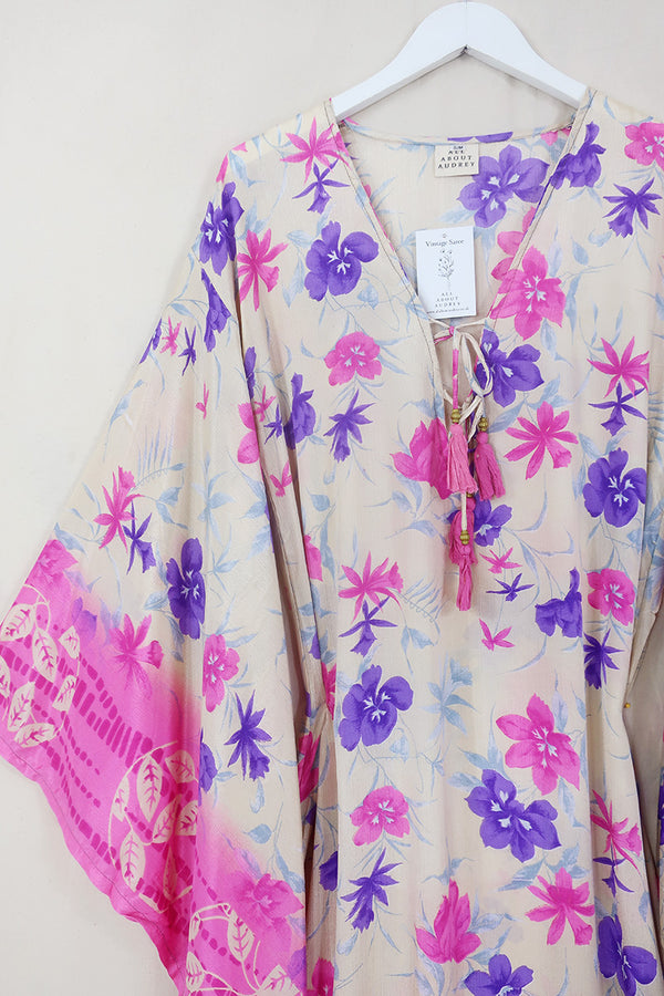 Cassandra Maxi Kaftan - Fuchsia & Violet Floral - Vintage Sari - Size S/M by All About Audrey