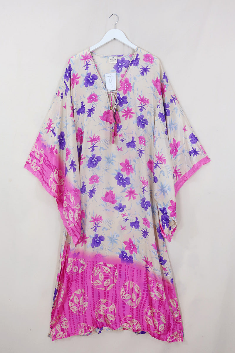 Cassandra Maxi Kaftan - Fuchsia & Violet Floral - Vintage Sari - Size S/M by All About Audrey