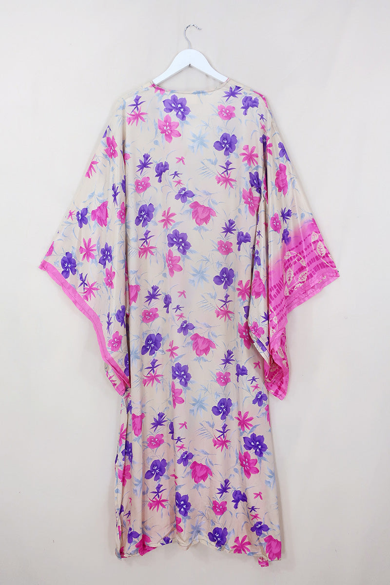 Cassandra Maxi Kaftan - Fuchsia & Violet Floral - Vintage Sari - Size S/M by All About Audrey