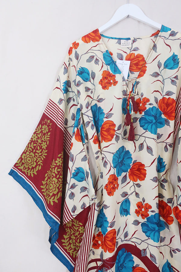 Cassandra Maxi Kaftan - Buttercream & Merlot Bold Floral - Vintage Sari - Size S/M by All About Audrey