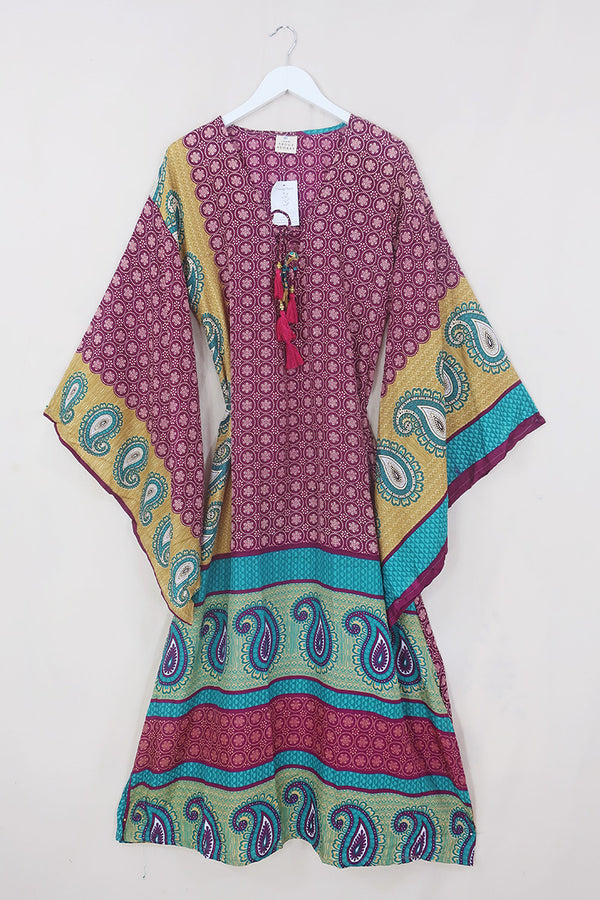 Cassandra Maxi Kaftan - Sangria Sand & Jade - Vintage Sari - Size M/L by All About Audrey