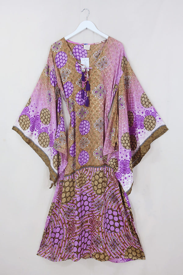 Cassandra Maxi Kaftan - Olive & Orchid Retro Floral - Vintage Sari - Size M/L by All About Audrey