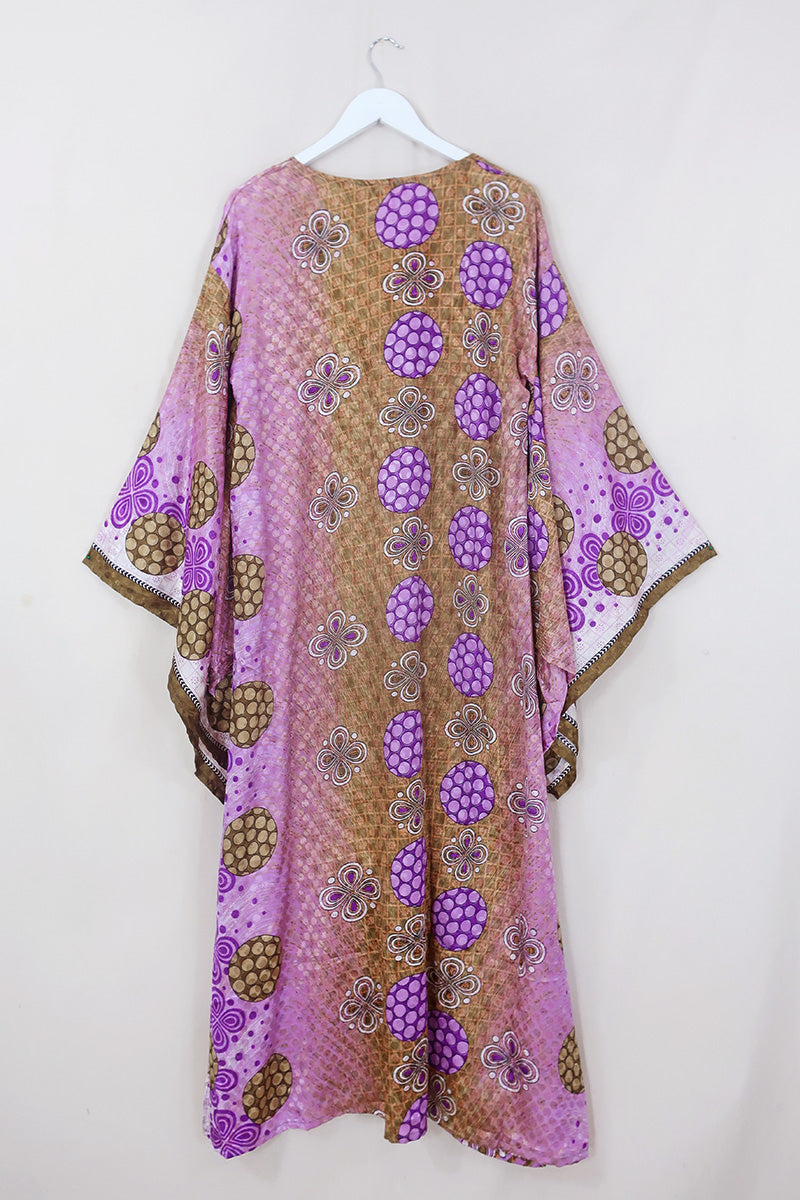Cassandra Maxi Kaftan - Olive & Orchid Retro Floral - Vintage Sari - Size M/L by All About Audrey
