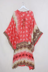 Cassandra Maxi Kaftan - Watermelon & Gold Lotus Motif - Vintage Sari - Size M/L by All About Audrey